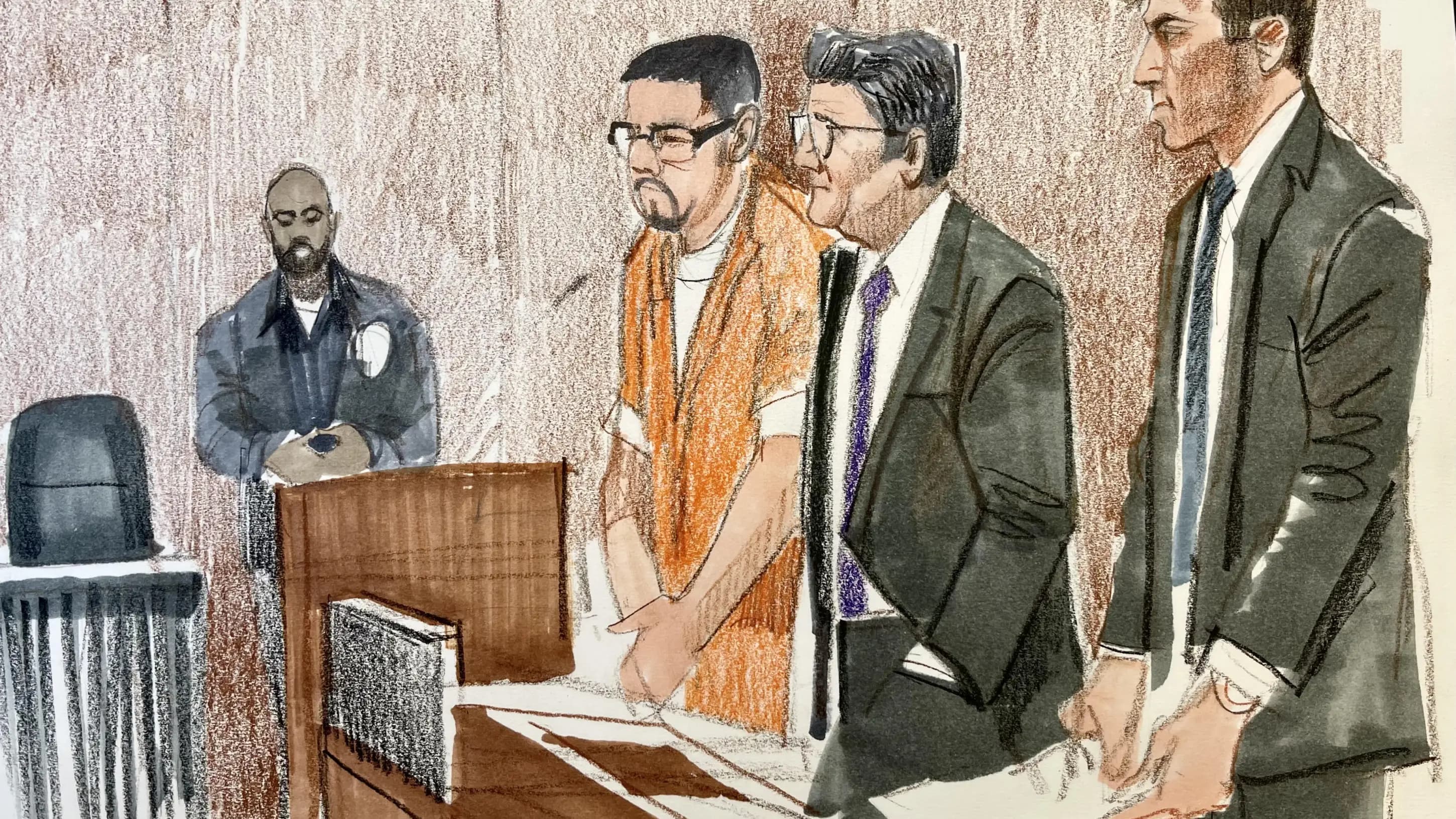 Courtroom sketch of defense attorney representing client at trial